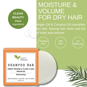/liv/ Nature shampoo bar in hand to show compact travel size and long-lasting benefit