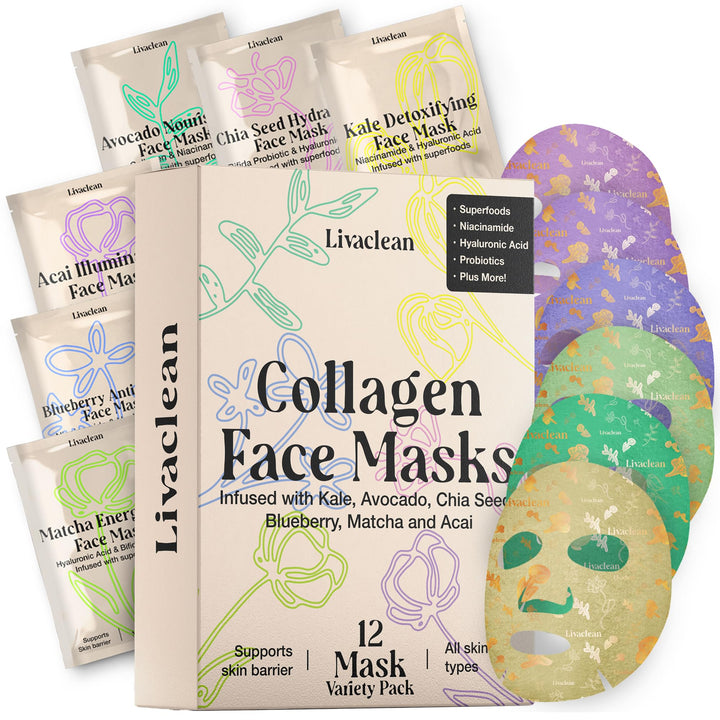 LivaClean front packaging showing 12-count collagen hydrating sheet masks and benefits