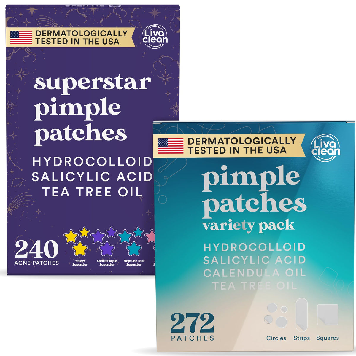 LivaClean front packaging showing both star and hydrocolloid patches for versatile treatment