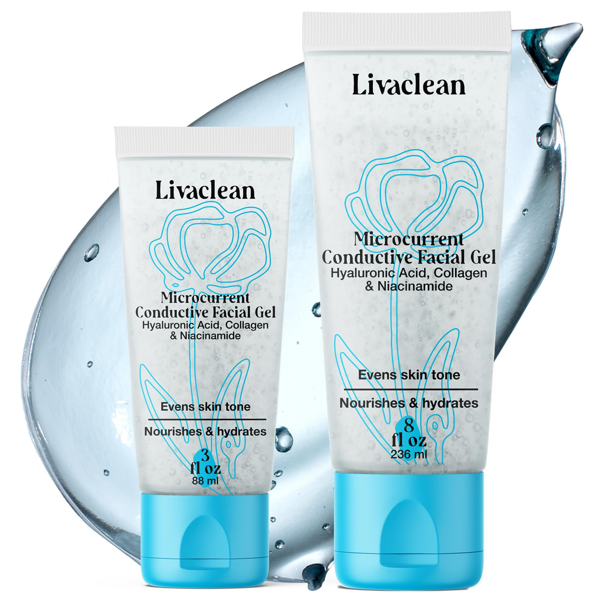 LivaClean front packaging showing dual-size conductive gel for reliable treatments