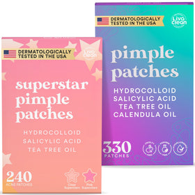LivaClean front packaging showing full 570-piece acne patch bundle and benefits