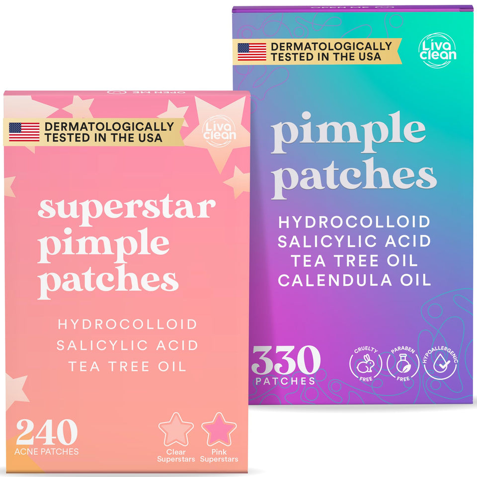 LivaClean front packaging showing full 570-piece acne patch bundle and benefits