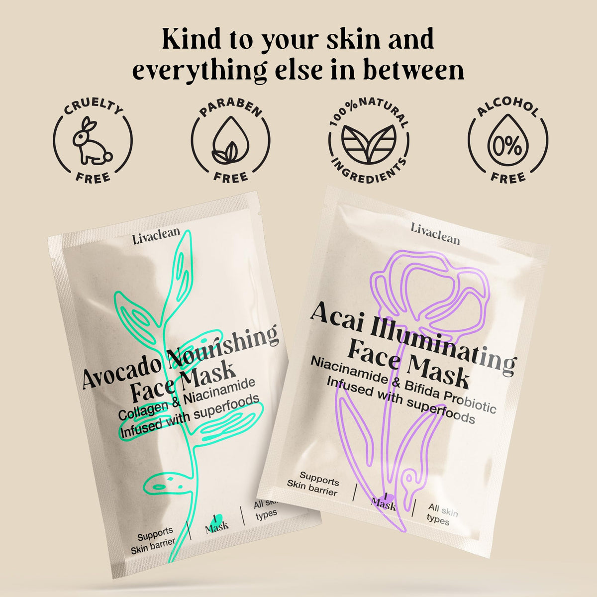 LivaClean masks arranged in bathroom spa setting suggesting easy at-home treatments