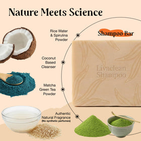 LivaClean ingredients layout with rice water spirulina matcha visuals