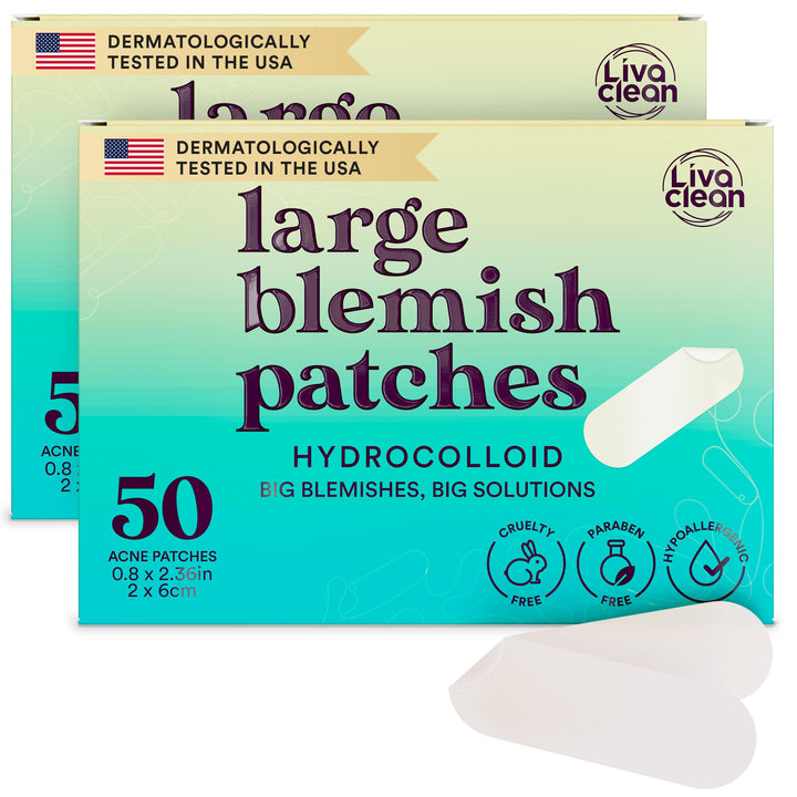 LivaClean front packaging showing large acne patch kit and branding benefit