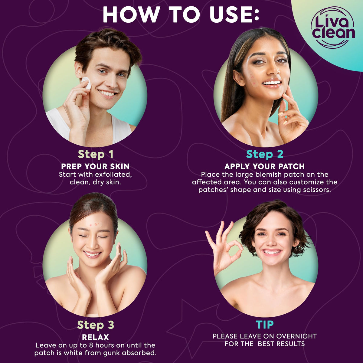 LivaClean patch applied on cheek protecting a large blemish and preventing picking