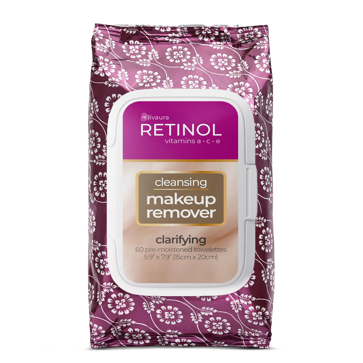 Retinol LIVAURA front packaging showing travel-ready cleansing wipes benefit convenience