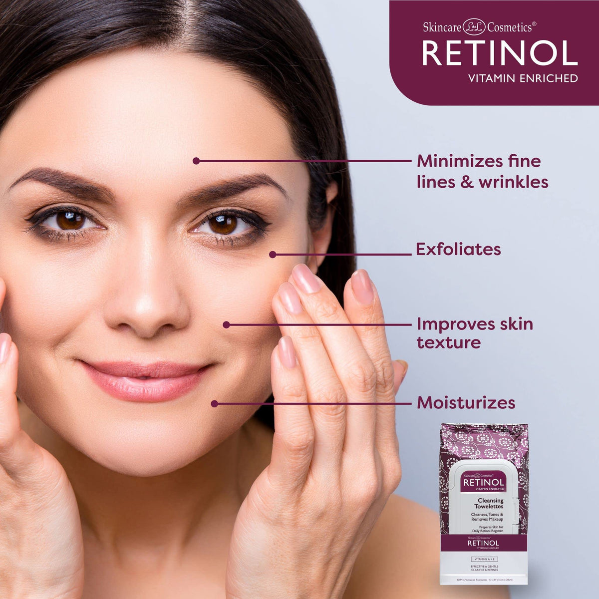 Retinol LIVAURA wipe removing foundation from cheek demonstrating efficient cleansing