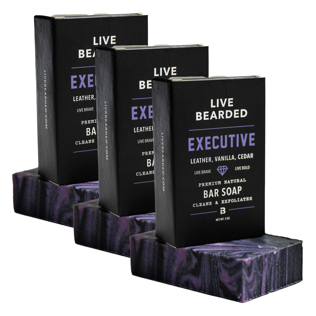 Live Bearded front packaging showing three Executive bars and scent branding