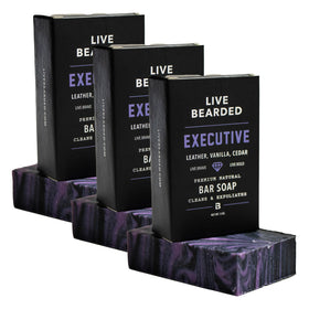 Live Bearded front packaging showing three Executive bars and scent branding