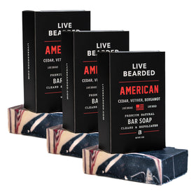 Live Bearded front packaging showing three 5 oz bars and American Scent benefit