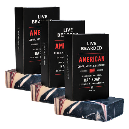 Live Bearded front packaging showing three 5 oz bars and American Scent benefit