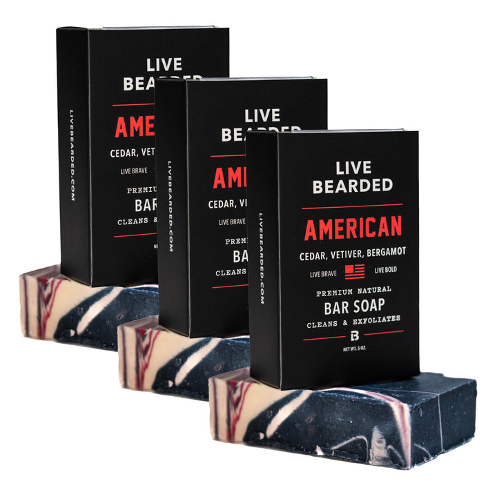 Live Bearded front packaging showing three 5 oz bars and American Scent benefit