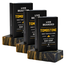 Live Bearded front packaging showing three Tombstone bars and scent label for easy selection