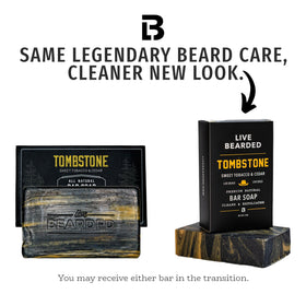 Live Bearded close-up of Tombstone soap texture with pumice and charcoal for exfoliation