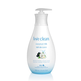 Live Clean front packaging showing 17 oz bottle and pump, highlights convenience
