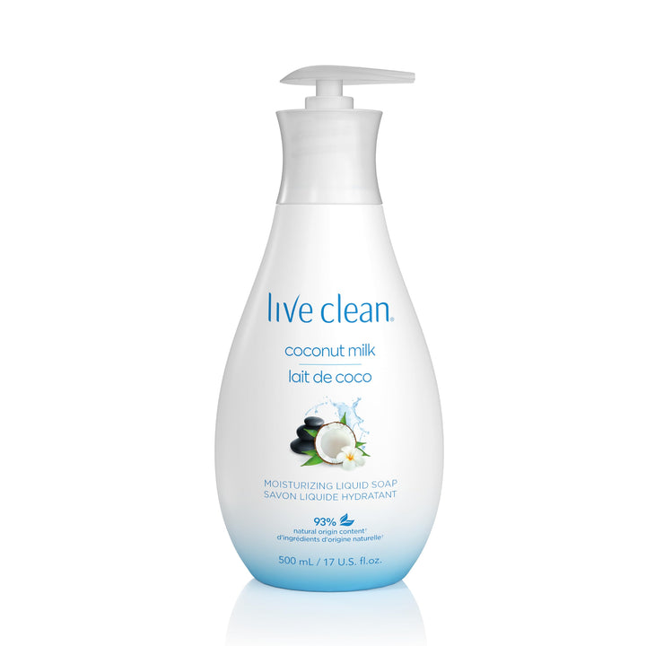 Live Clean front packaging showing 17 oz bottle and pump, highlights convenience