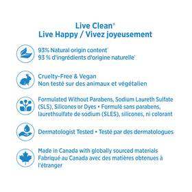 Live Clean lather texture with creamy foam, shows moisturizing suds