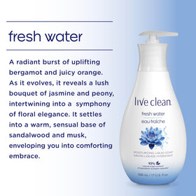 Live Clean bottle placed by sink in bathroom setting indicating daily use
