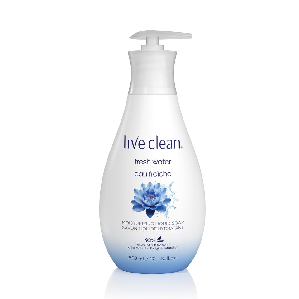 Live Clean front packaging showing bottle and branding, highlights gentle cleansing