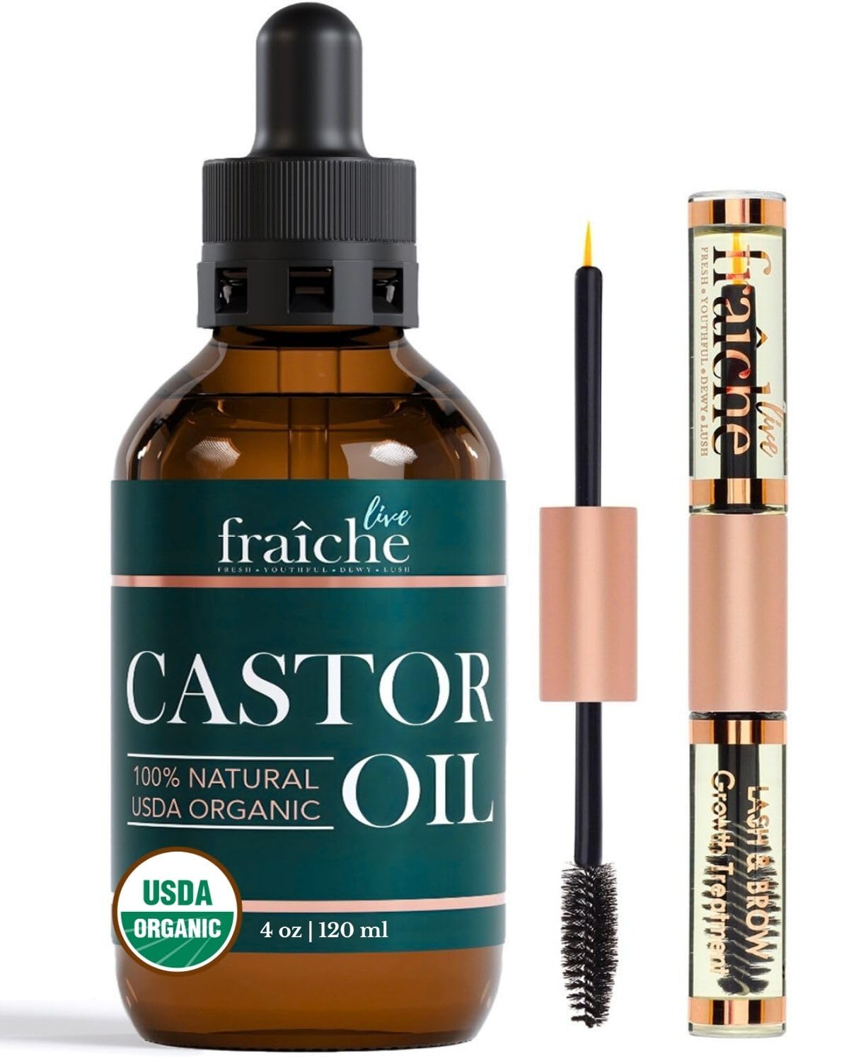 Live Fraiche front packaging showing bottle and label, clear organic castor oil benefits