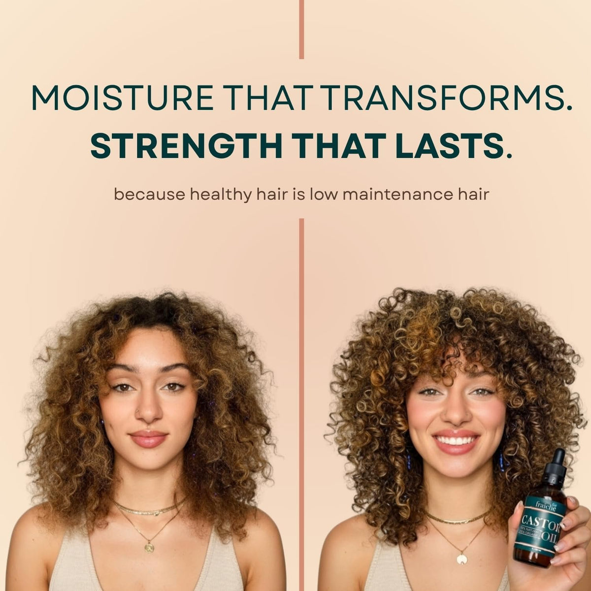 Live Fraiche hair treatment use on ends illustrating frizz control and shine