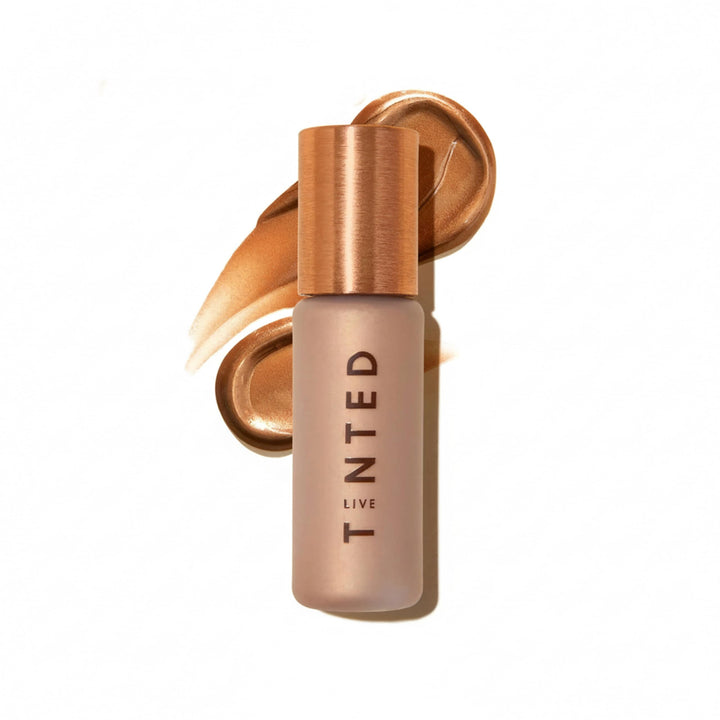 Live Tinted bottle front view showing hueglow highlighter and compact size benefit