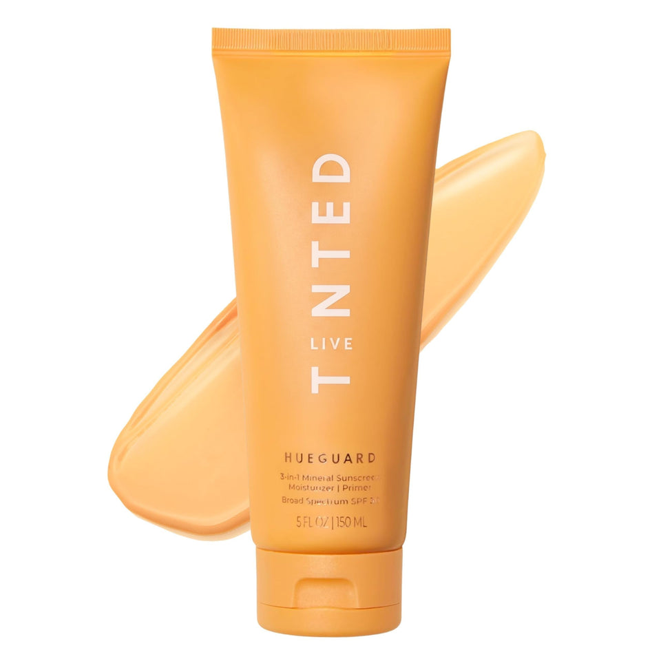Live Tinted Hueguard front packaging shows bottle and label, clear protective SPF