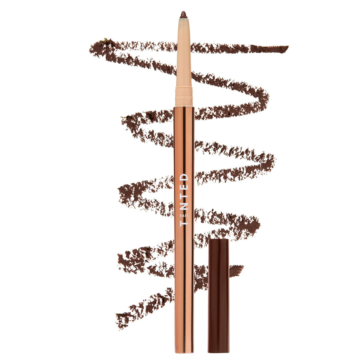 Live Tinted Hueliner pencil tip close-up demonstrating creamy glide for precise lines