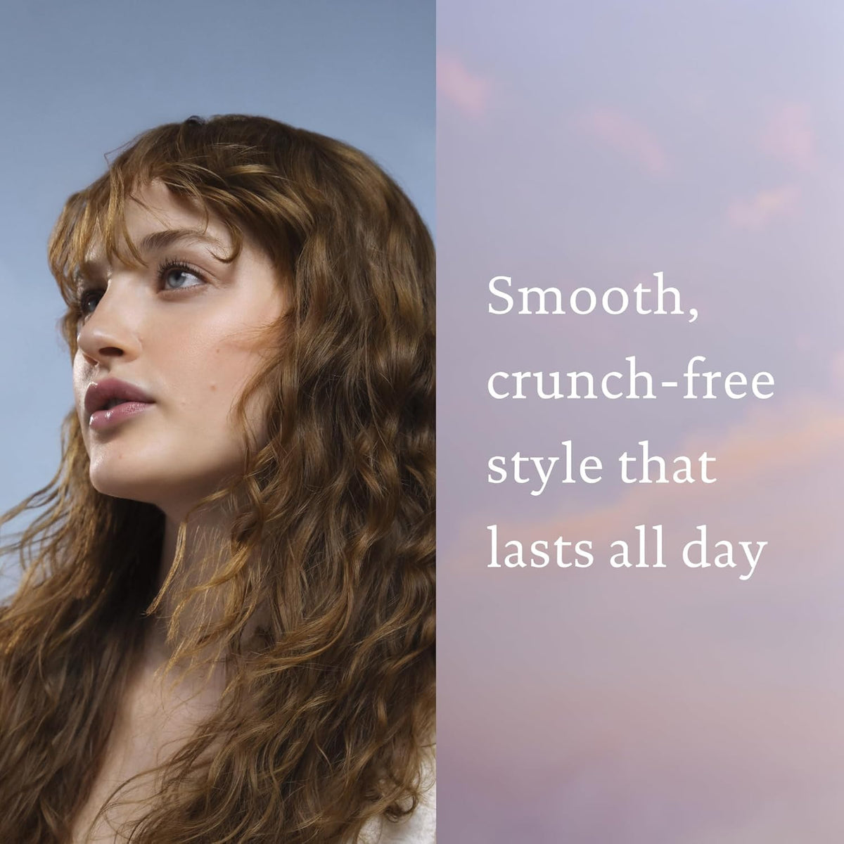 Living Proof before and after images showing reduced frizz and defined texture benefit