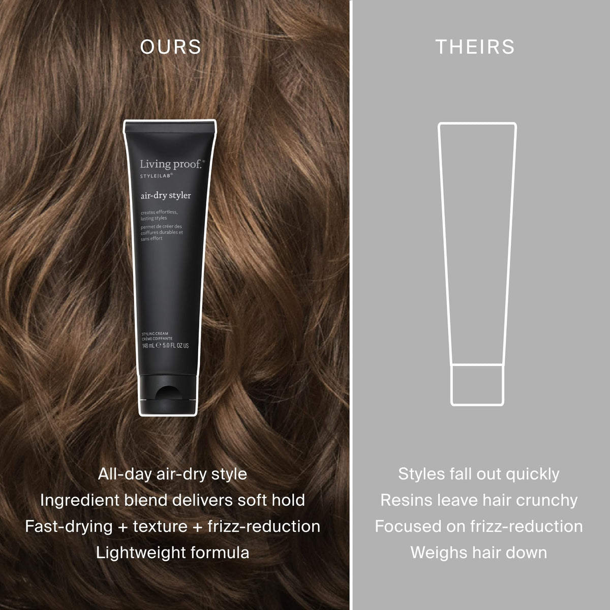 Living Proof applied to damp hair being scrunched to show enhanced natural texture benefit