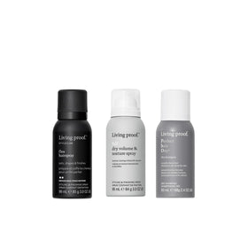 Living Proof front packaging showing the travel styler bundle and benefits