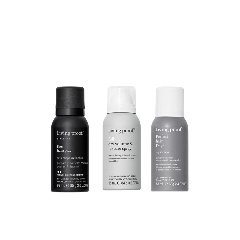 Living Proof front packaging showing the travel styler bundle and benefits