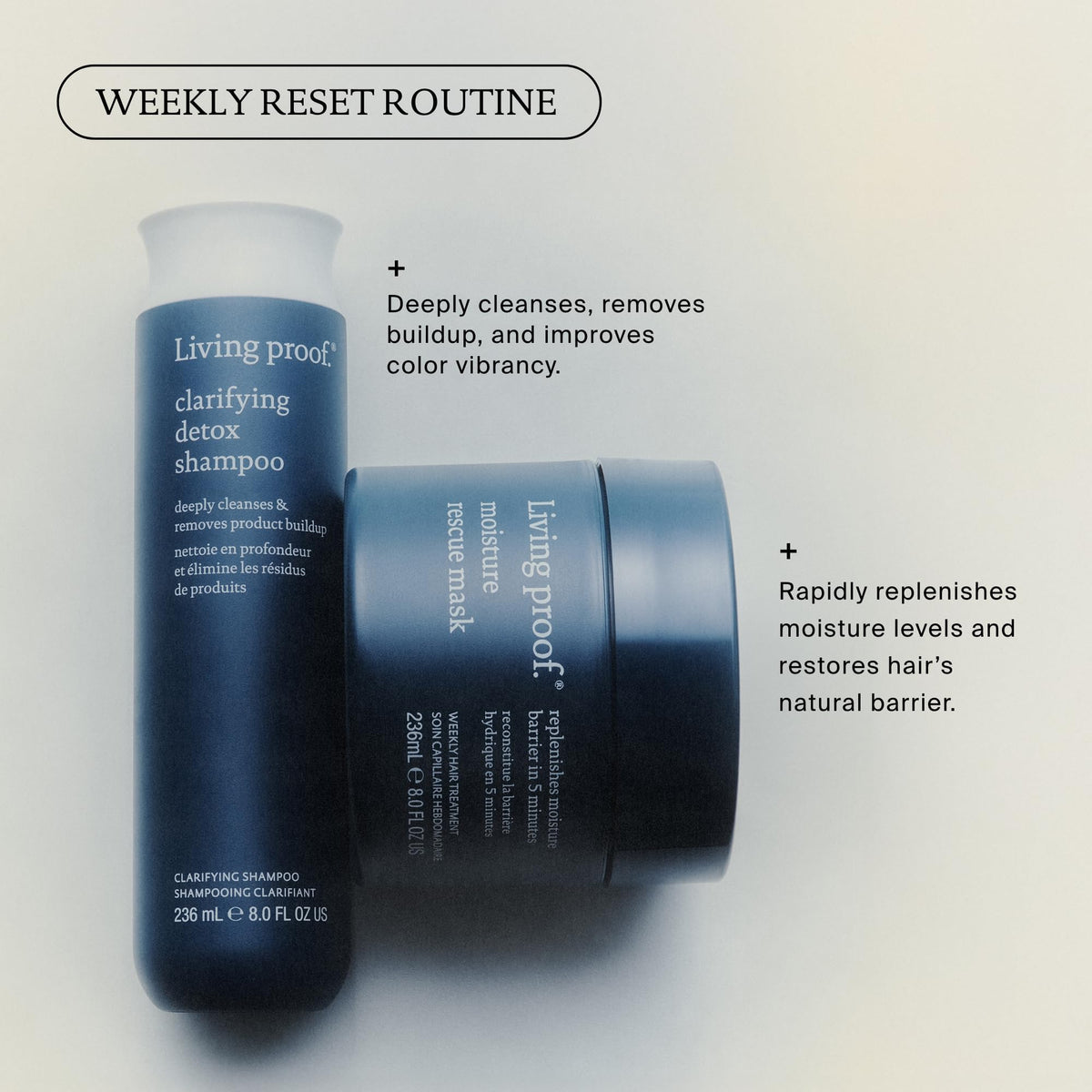 Living Proof ingredients flatlay showing key botanicals and clarifying agents