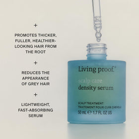 Living Proof density serum on bathroom shelf lifestyle-ready daily-use benefit