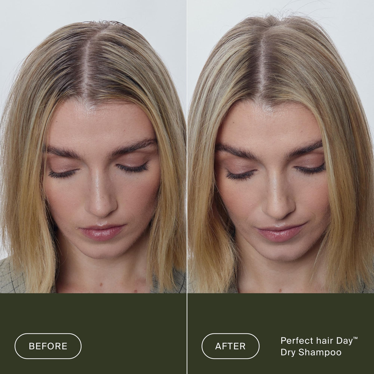 Living Proof applying spray at roots to absorb oil and refresh hair instantly