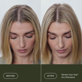 Living Proof applying spray at roots to absorb oil and refresh hair instantly
