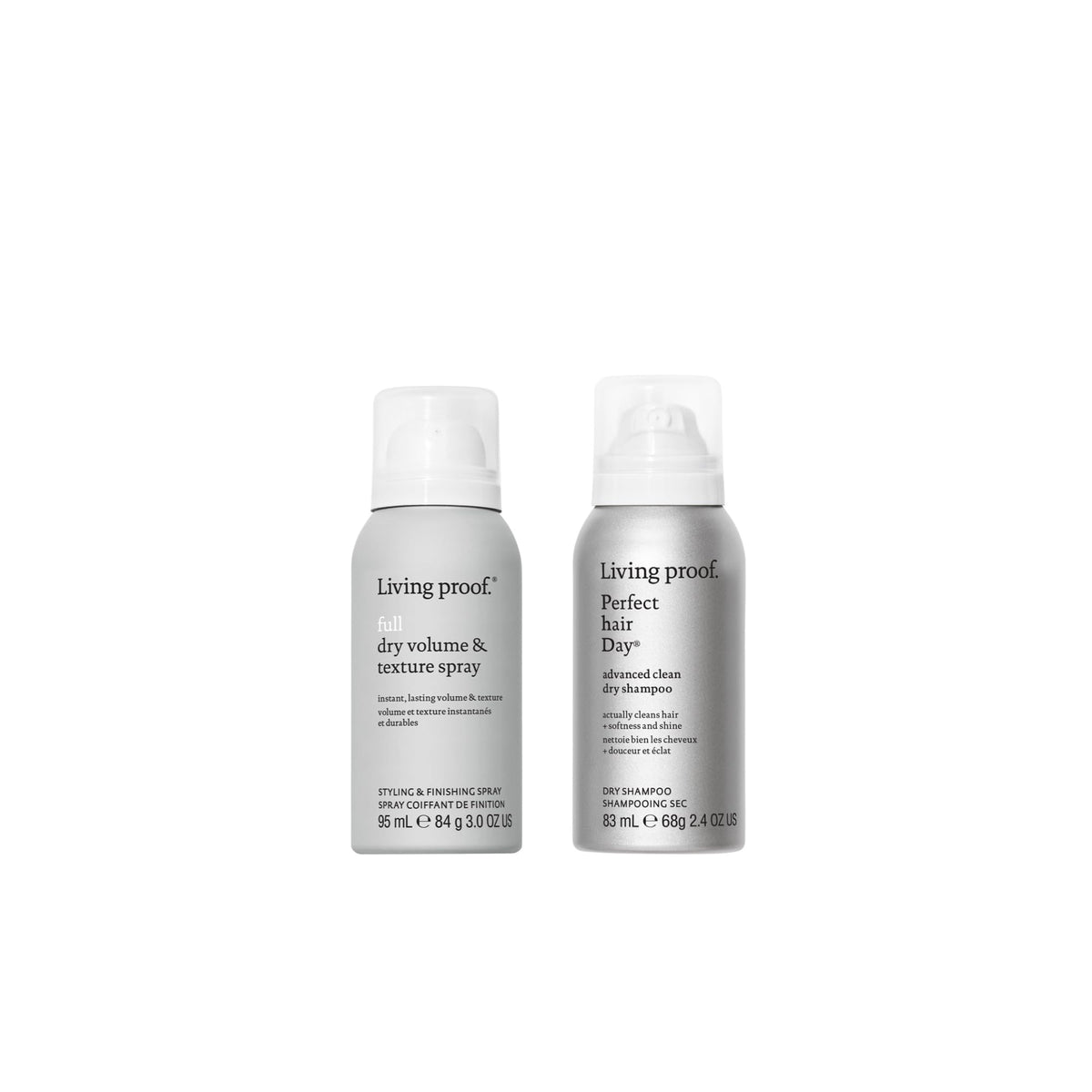 Living Proof front packaging duo showing both travel bottles and benefits