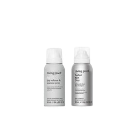 Living Proof front packaging duo showing both travel bottles and benefits