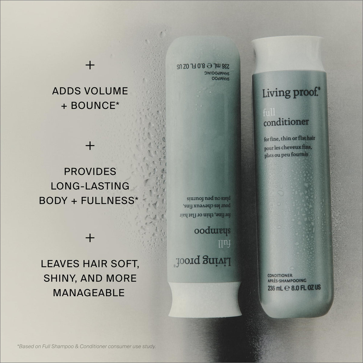 Living Proof conditioner being rinsed from hair for lightweight feel