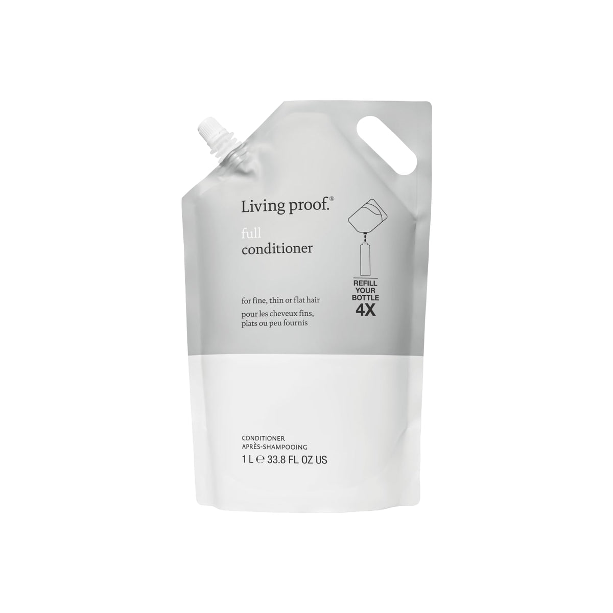 Living Proof front pump bottle showing product and easy dispensing benefit