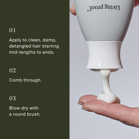 Living Proof ingredient label close-up highlighting heat protection claim