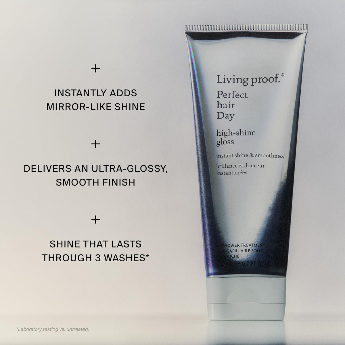 Living Proof rinsed hair showing glossy, reflective finish