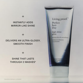 Living Proof rinsed hair showing glossy, reflective finish