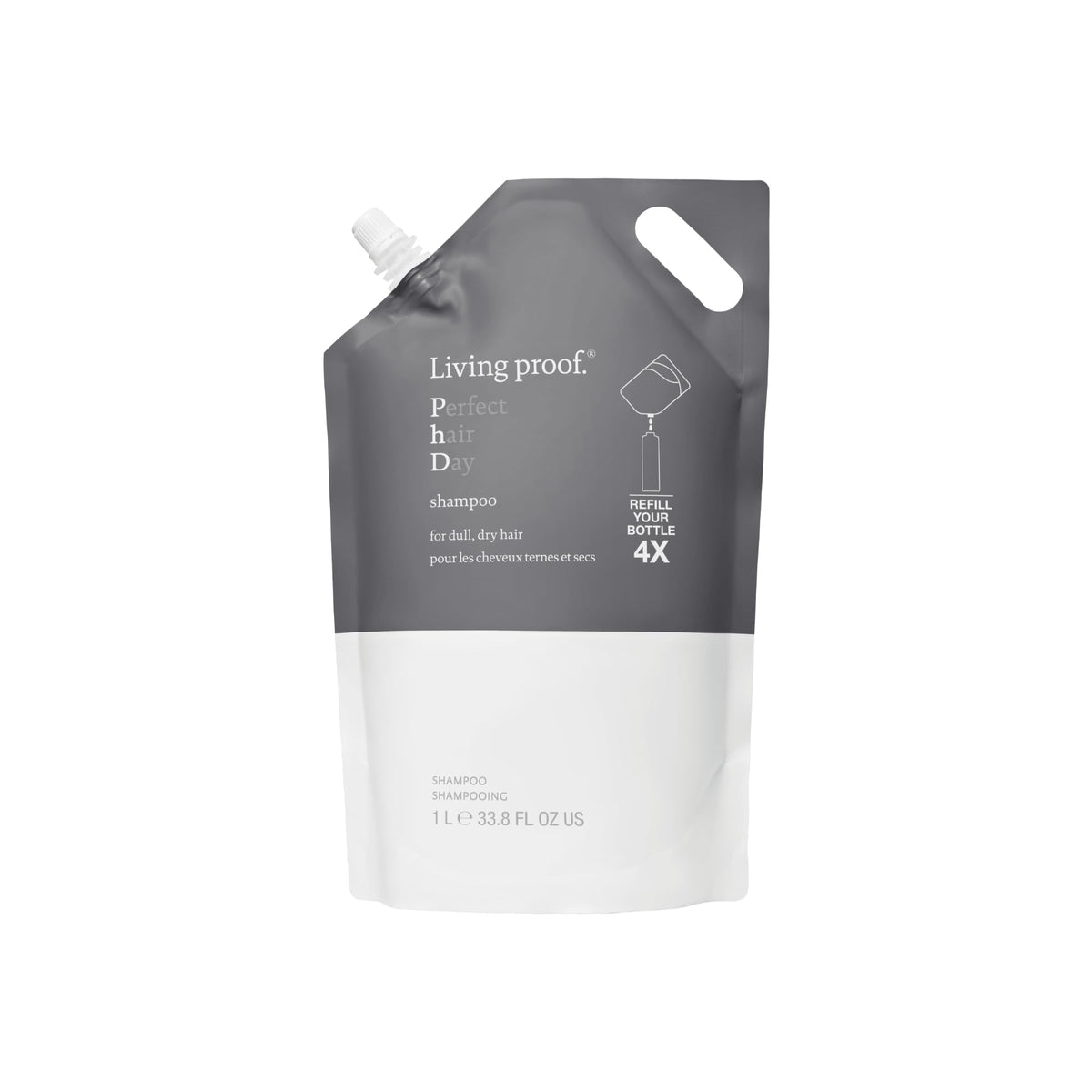 Living Proof front packaging showing 33.8 oz bottle and label benefits