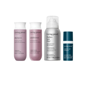 Living Proof front packaging showing kit contents and travel benefit