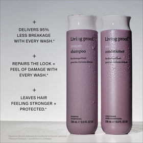 Living Proof bottle paired with conditioner showing complete-repair routine benefit