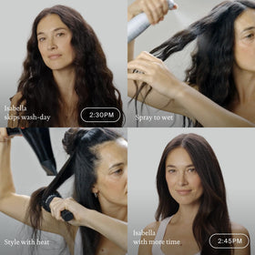 Living Proof being sprayed onto curls to revive shape and reduce frizz