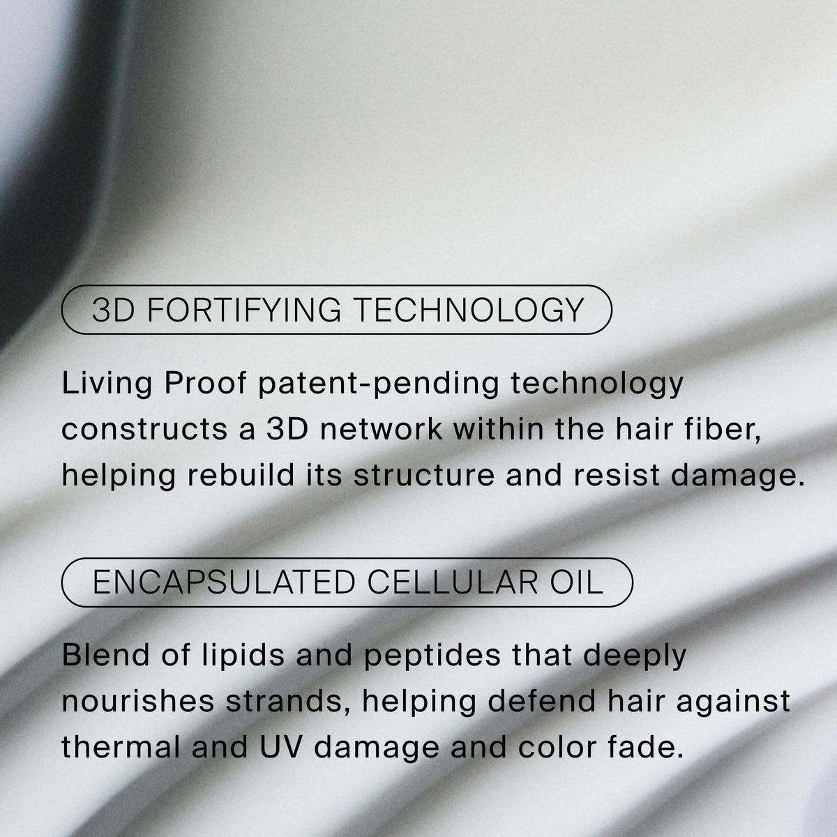 Living Proof close-up of label highlighting key claims and professional-grade performance
