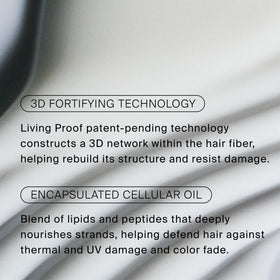 Living Proof close-up of label highlighting key claims and professional-grade performance